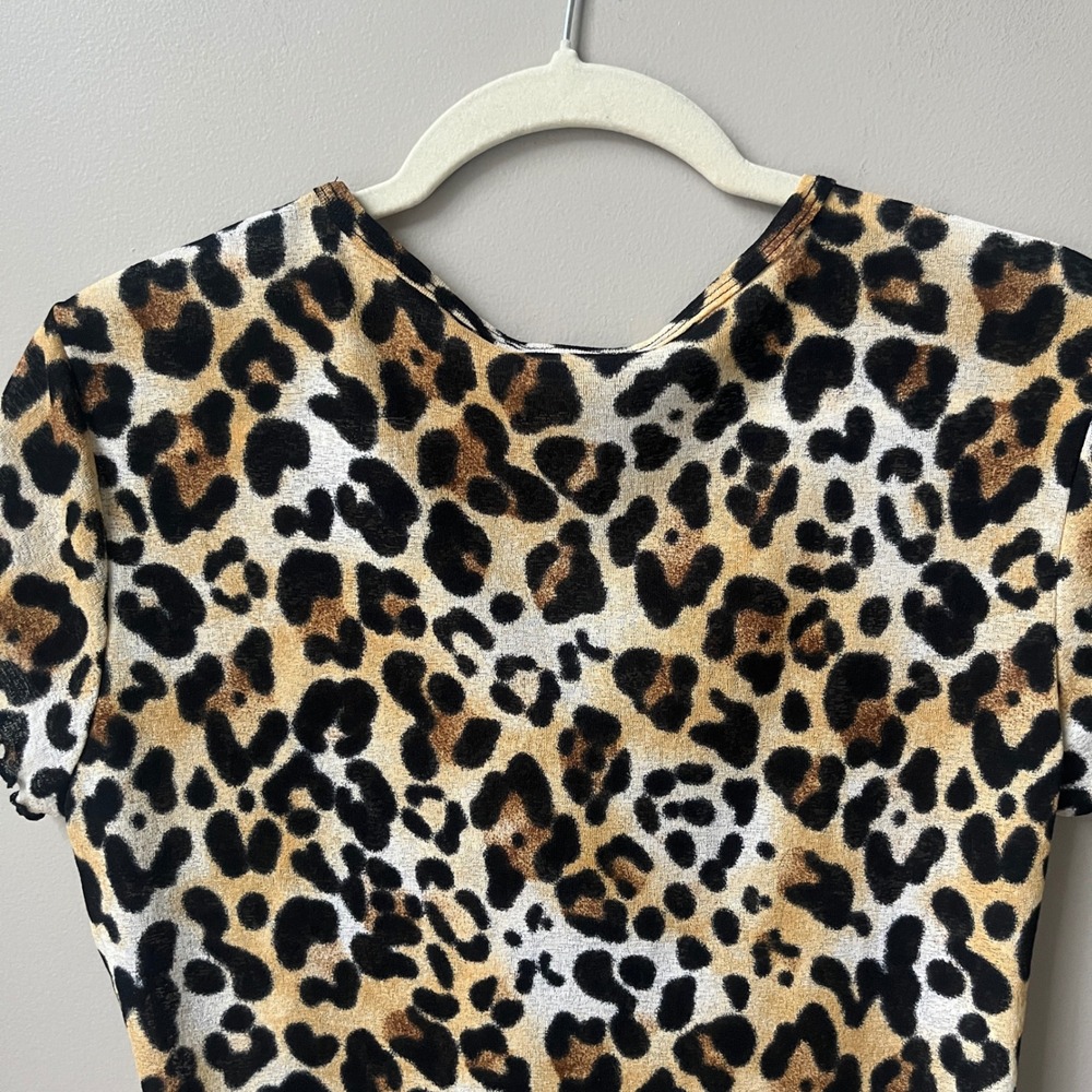 Vintage Y2K Leopard Print Top Women's Small Mesh Fitted Stretch Lettuce Hem - Picture 10 of 12